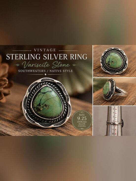Jewelry - Vintage Sterling Silver Green Variscite Ring, Size 9+,Southwestern, Native Style